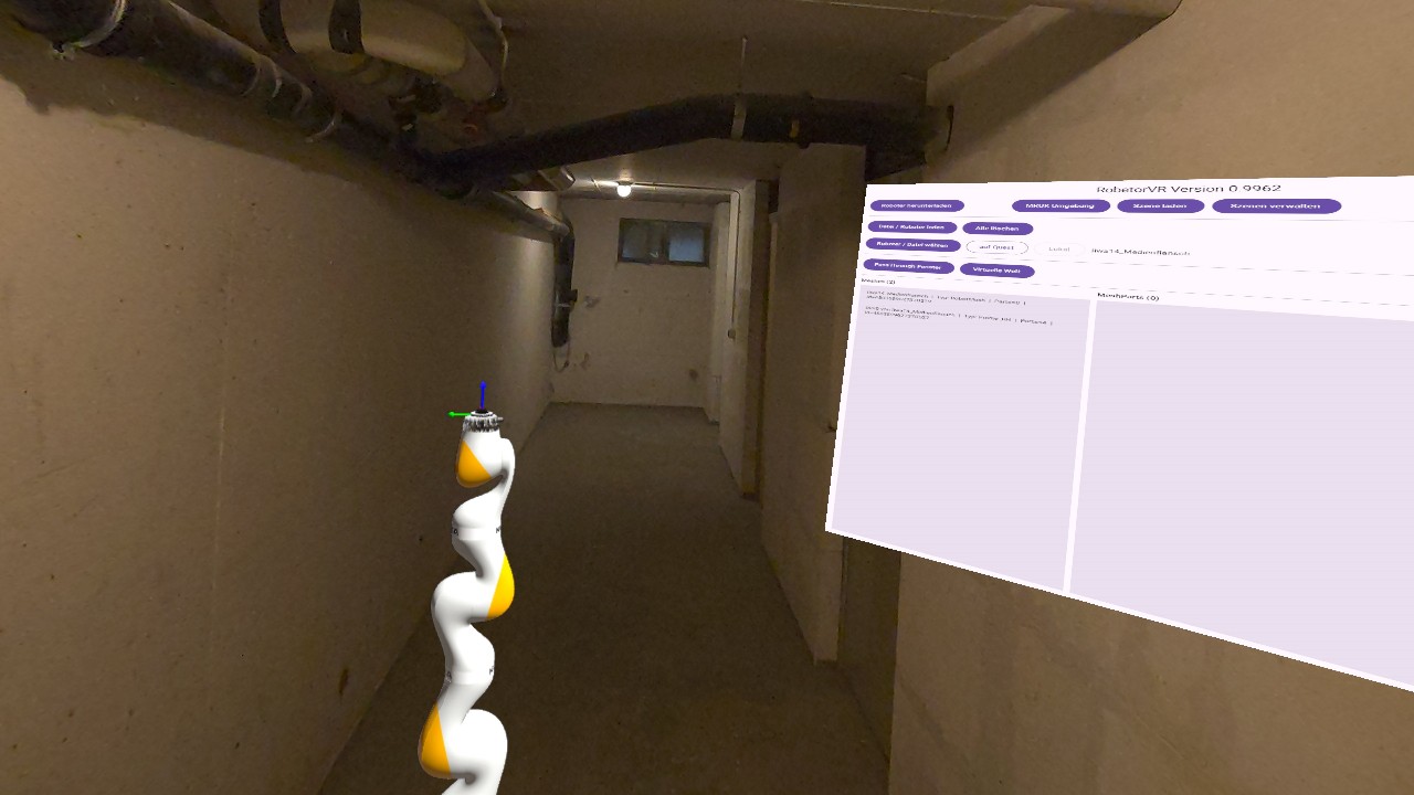 RobetorVR Screenshot mit Roboter im realen Passthrough-Umfeld und Bedienpanel rechts