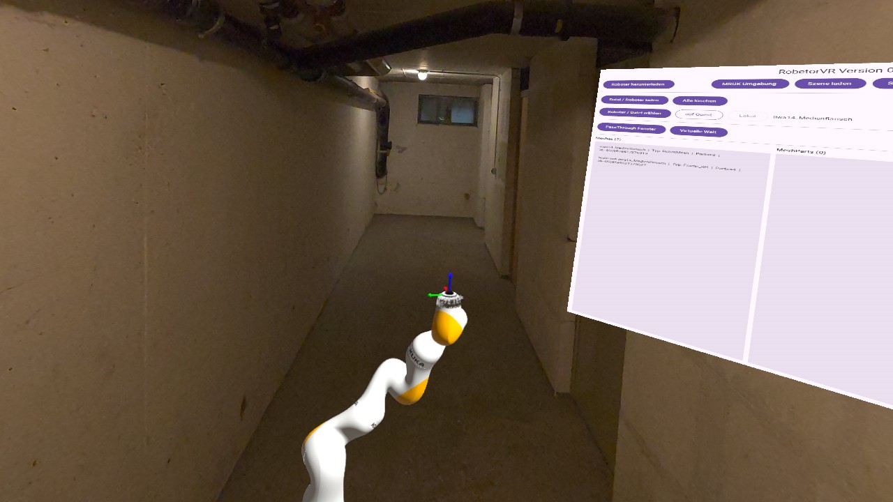 RobetorVR Screenshot mit Roboter in gestreckter Pose im VR-Raum