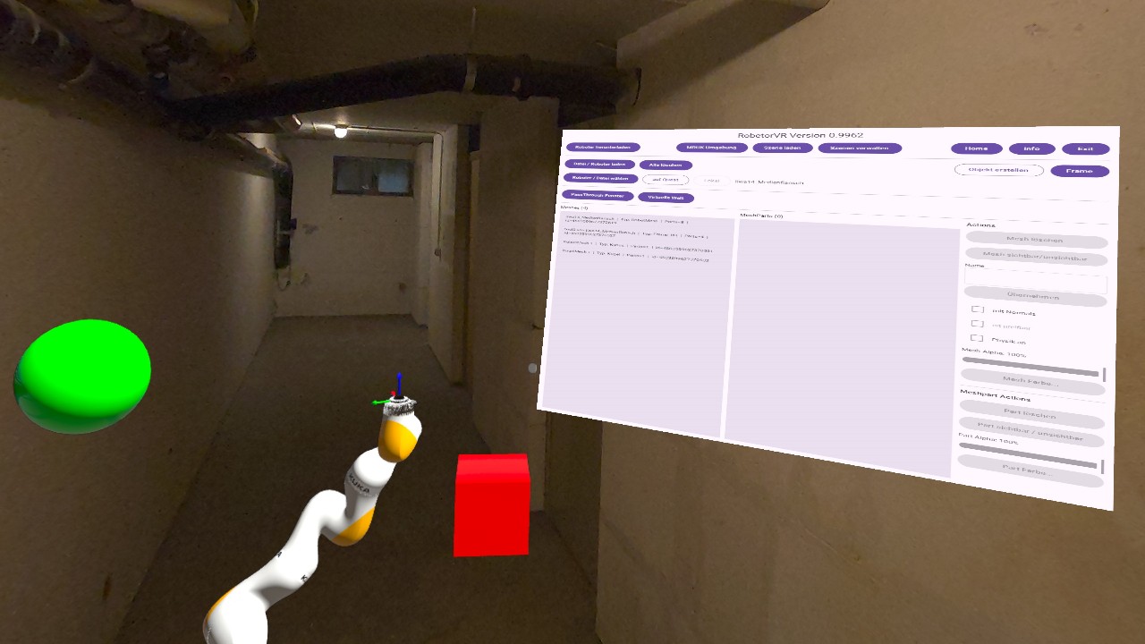 RobetorVR Screenshot mit Roboter, grünem Ball und rotem Würfel