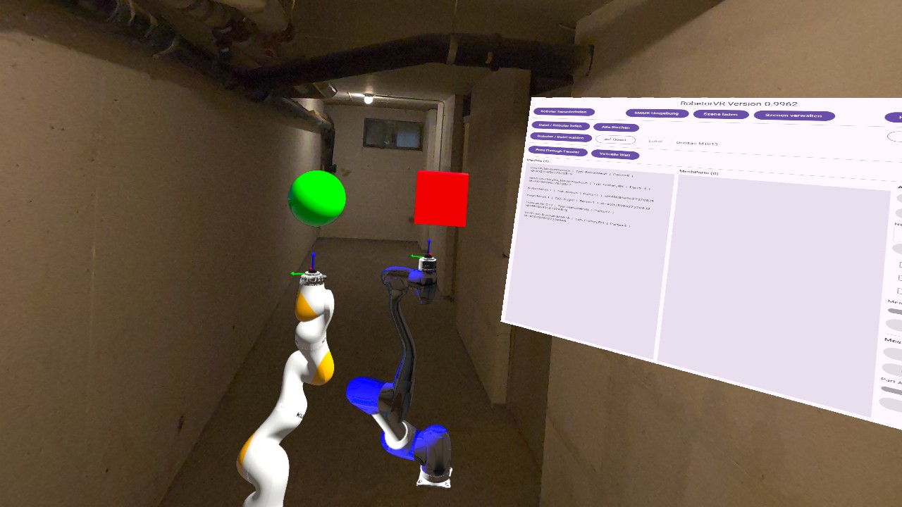 RobetorVR Screenshot mit zwei Robotern und Objekten in einer Szene