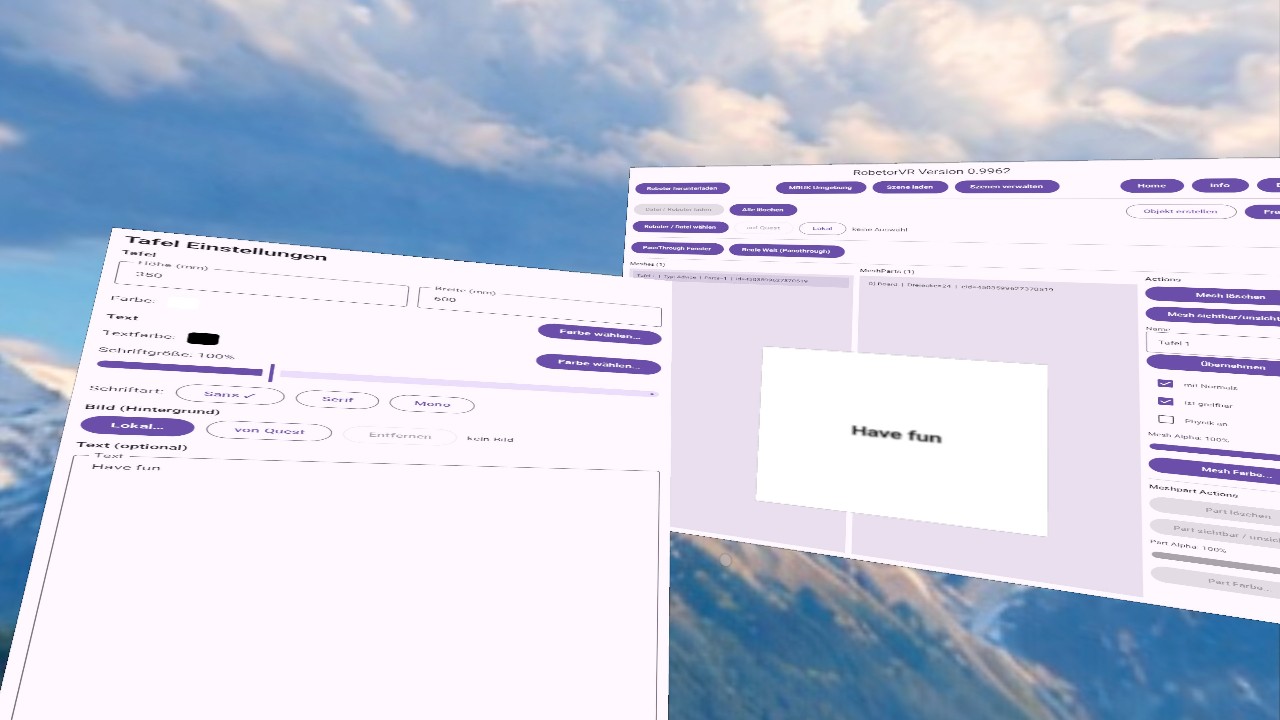 RobetorVR Screenshot mit Tafel Einstellungen und Text Have fun im Raum